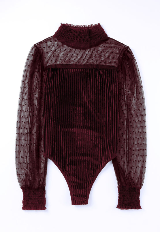Smocked Mock Neck Long Sleeve Bodysuit - felvior