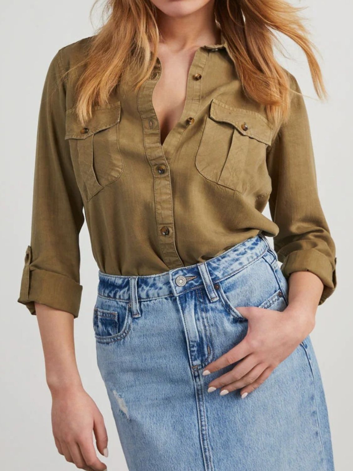 Collared Neck Roll-Tab Sleeve Denim Top - felvior