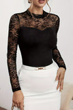 Lace Patchwork Mock Neck Long Sleeve Blouse