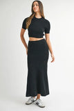 MABLE Pointelle Short Sleeve Crop Top and Slit Skirt Sweater Set