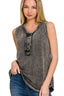 Zenana Washed Half-Button Raw Edge Sleeveless Henley Top