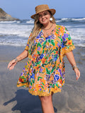 Plus Size Lace Detail Printed Tie Neck Half Sleeve Dress