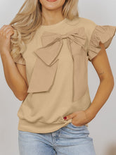 Bow Ruffled Round Neck Cap Sleeve Blouse