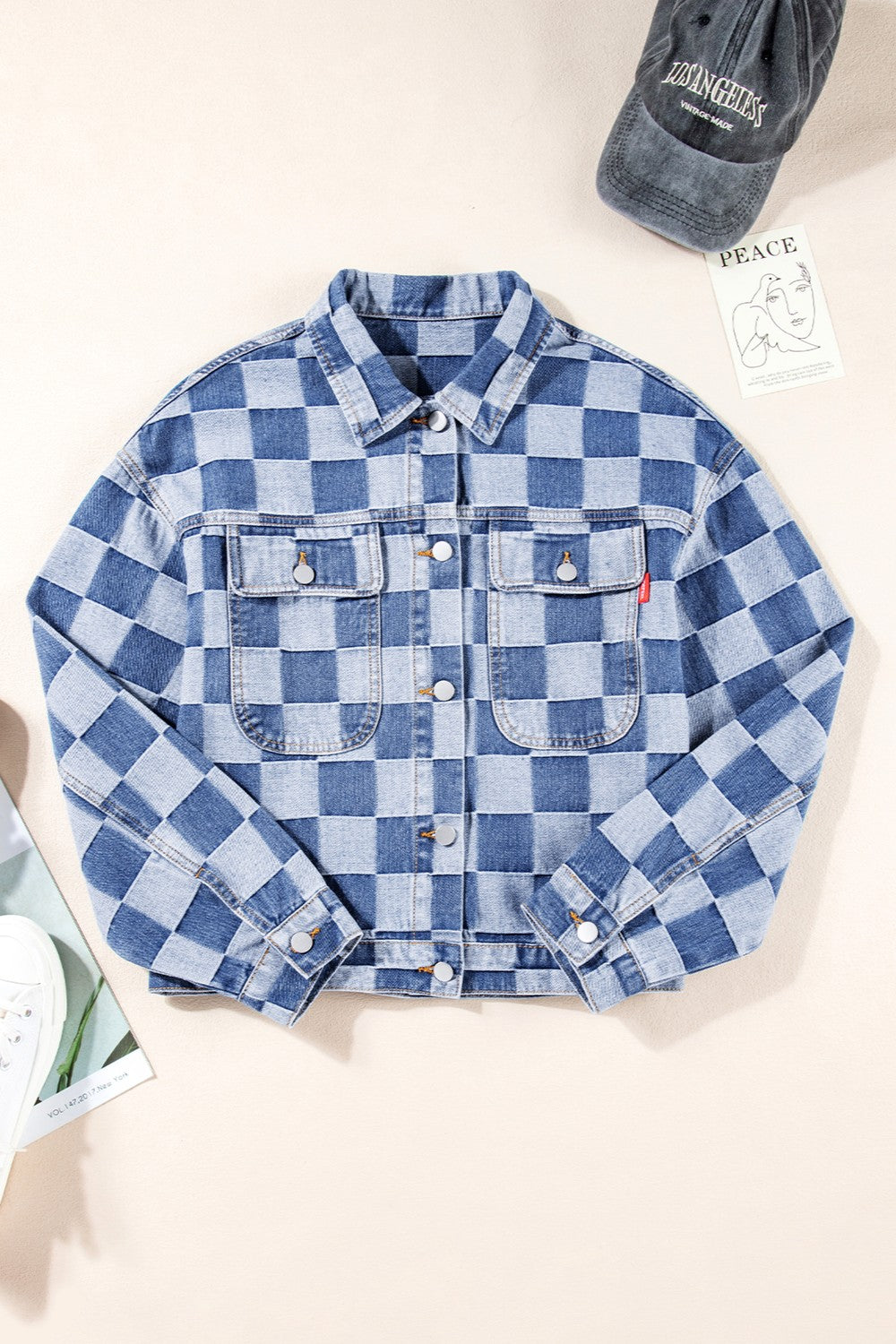 Checkered Button Up Long Sleeve Denim Jacket - felvior
