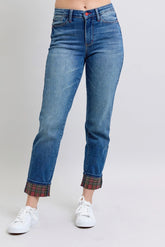 Judy Blue Full Size Mr Plaid Print Cuff Bf Jeans Plus Size