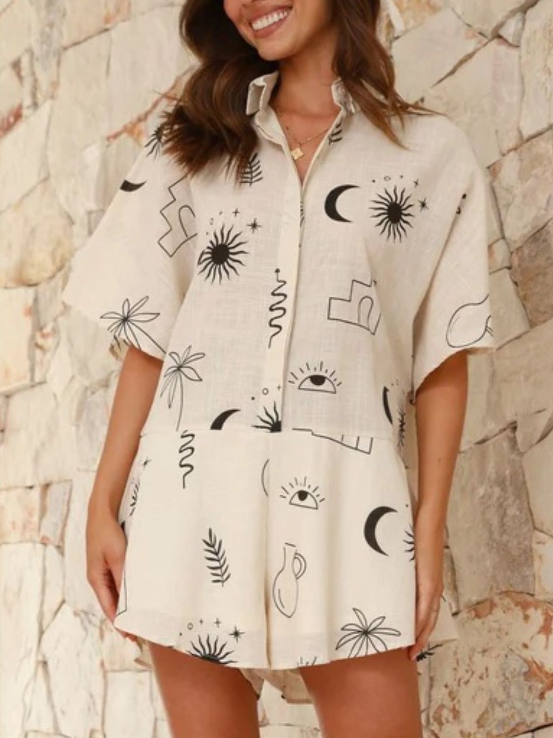 Printed Collared Neck Half Sleeve Romper - felvior