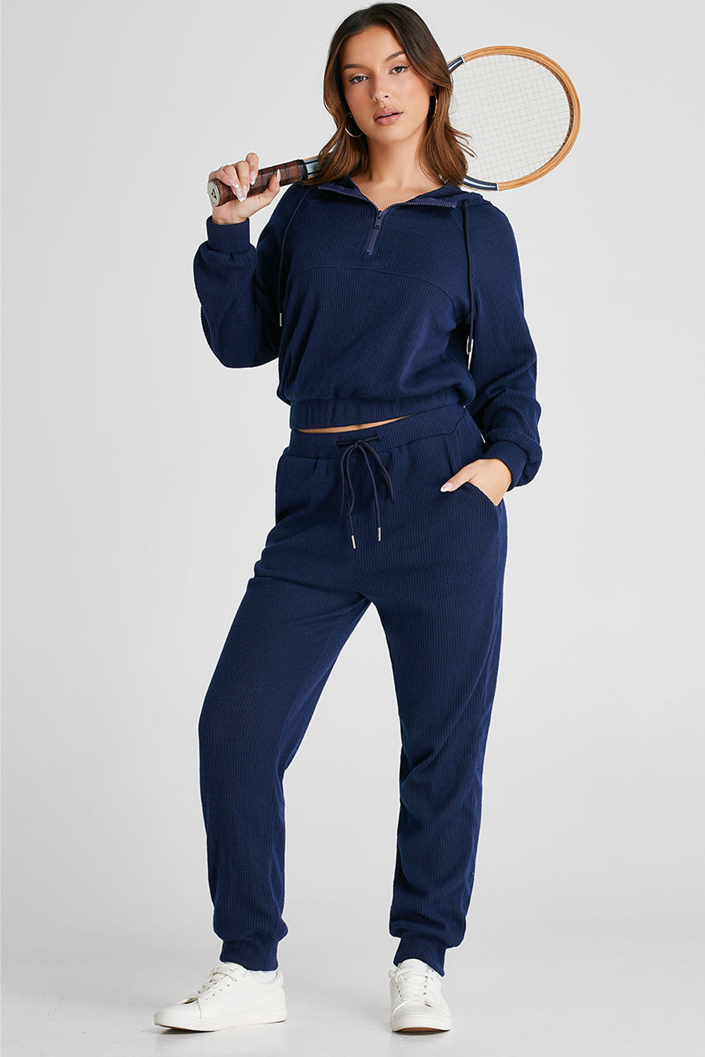 Drawstring Half Zip Hoodie and Joggers Active Set - felvior