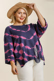 Umgee Full Size Tie Dye Side Slit Round Neck Distressed Detail Sweater Plus Size