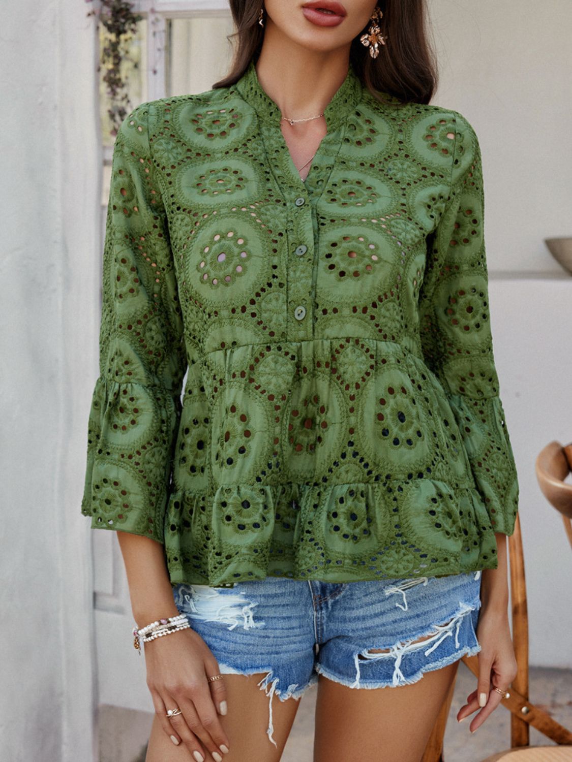 Devine Half Button Flounce Sleeve Peplum Blouse - felvior