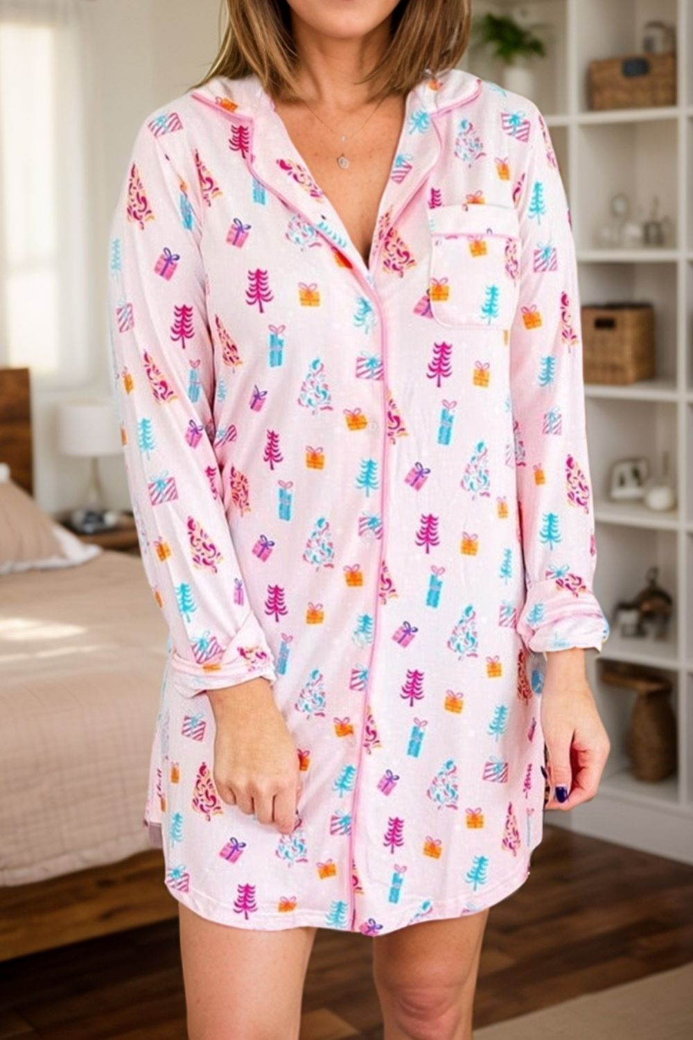 Printed Collared Neck Long Sleeve Lounge Dress - felvior