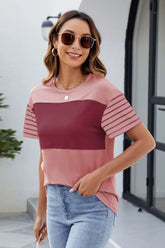 Color Block Round Neck Short Sleeve T-Shirt
