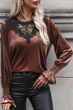 Perfee Lace Detail Round Neck Smocked Flounce Sleeve Blouse