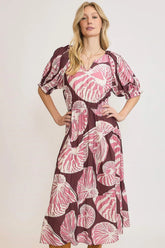 Umgee Full Size Printed Notched Puff Sleeve Midi Dress Plus Size