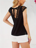 Lace Detail V-Neck Cap Sleeve T-Shirt