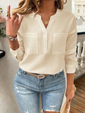 Devine Pocketed Notched Long Sleeve Blouse