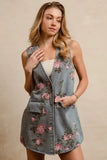 BiBi Floral Print Washed Denim Long Rider Vest