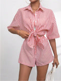 Striped Button Up Shirt and Shorts Set