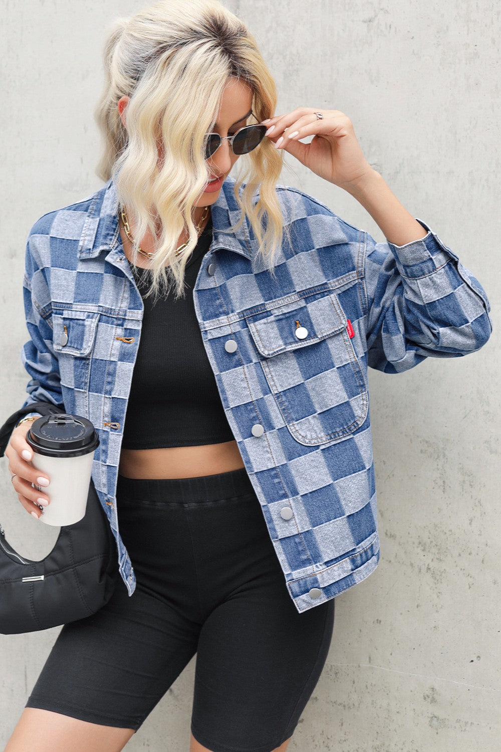 Checkered Button Up Long Sleeve Denim Jacket - felvior