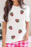 Sequin Strawberry Crew Neck Short Sleeve T Shirt