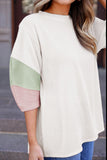 Color Block Ribbed Knit Three-Quarter Sleeve Top