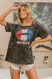 BiBi Laser Cut Mineral Washed Old Glory Lip Print Top