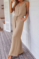 Button Down Vest and Drawstring Wide Leg Pants Set