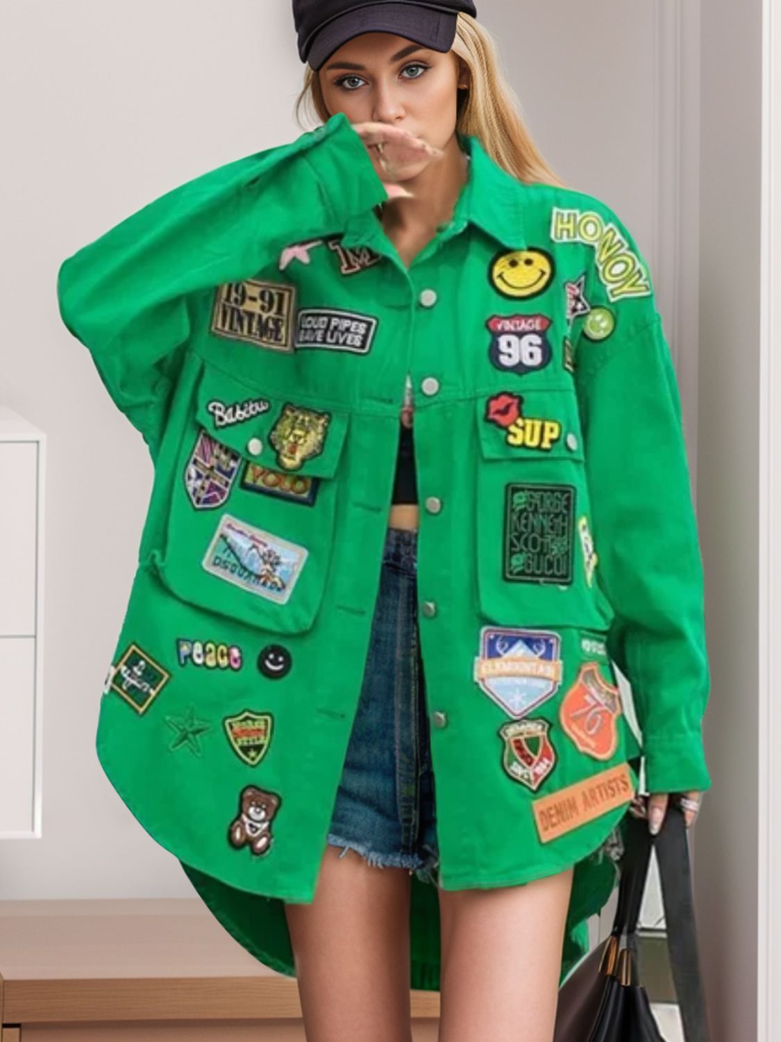 Embroidered Patch Button Up Long Sleeve Denim Jacket - felvior