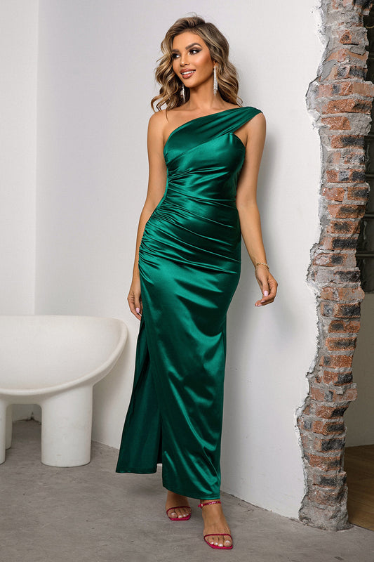 One-Shoulder Ruched Slit Maxi Dress - felvior
