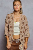 POL Openwork V-Neck Chenille Cardigan with Contrast Floral
