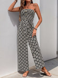 Perfee Printed Smocked Sleeveless Jumpsuit