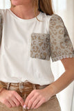Leopard Patchwork Crochet Lace Trim Puff Sleeve T Shirt