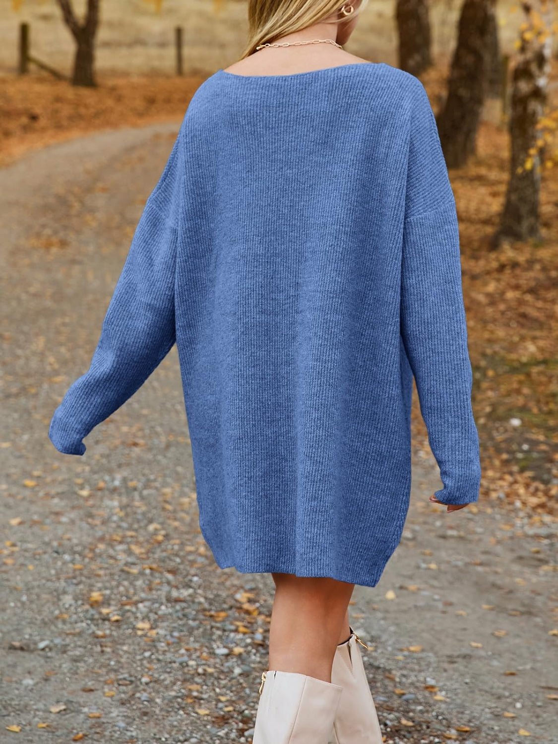 V-Neck Dropped Shoulder Sweater Dress - felvior