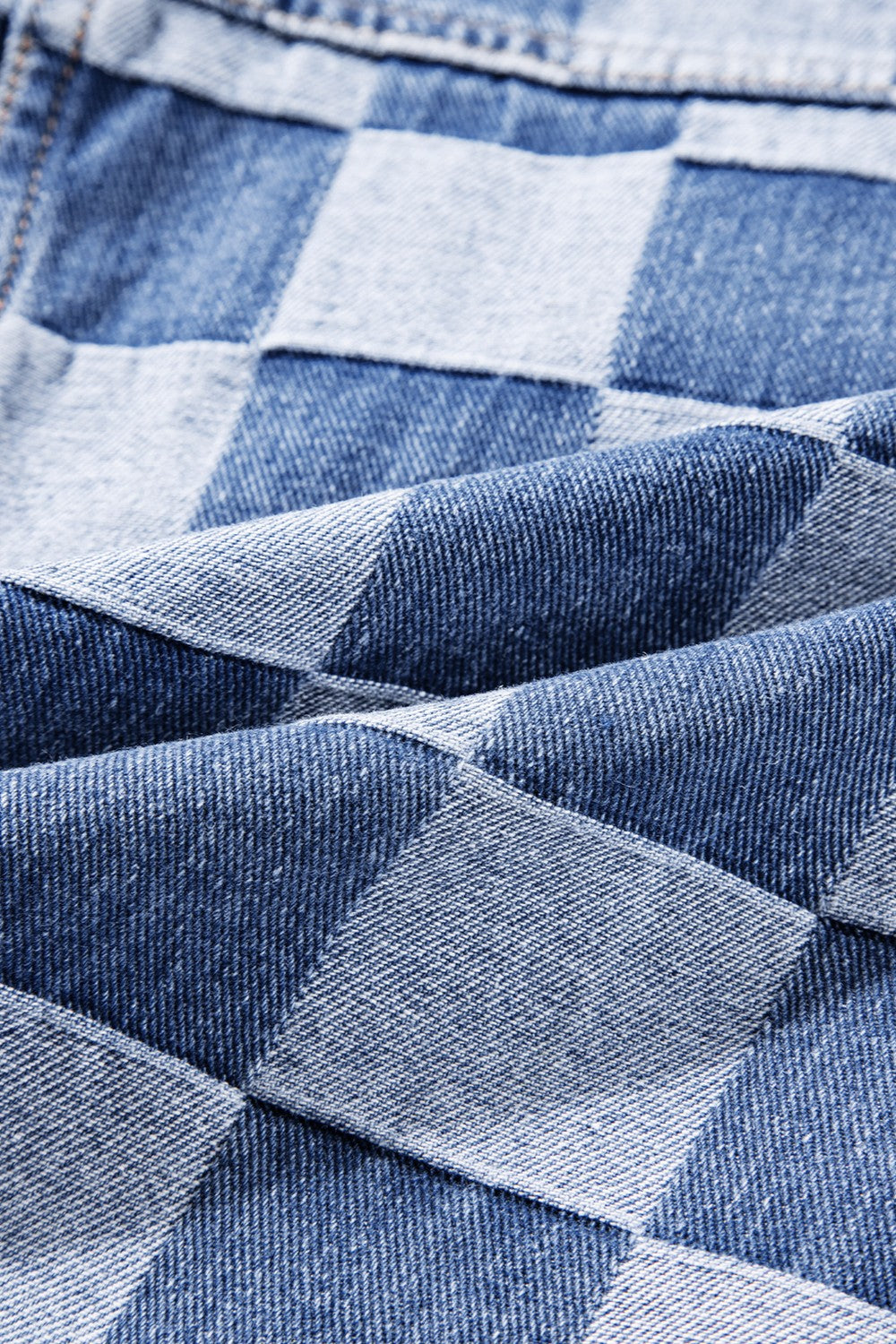 Checkered Button Up Long Sleeve Denim Jacket - felvior