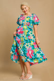 Umgee Full Size Tiered Floral Print Notched Puff Sleeve Midi Dress Plus Size