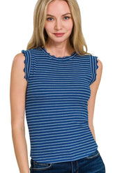 Zenana Ribbed Ruffle Trim Sleeveless Stripe Top
