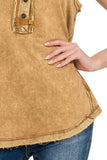 Zenana Washed Half-button Raw Edge Sleeveless Henley Top