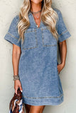Short Sleeve Collared Patched Pocket Denim Mini Dress