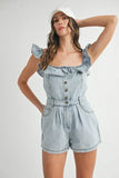 MABLE Off Shoulder Ruffle Detail Denim Romper