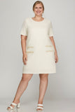 She + Sky Full Size Short Sleeve Pearl Studded Trim Knit Tweed Dress Plus Size