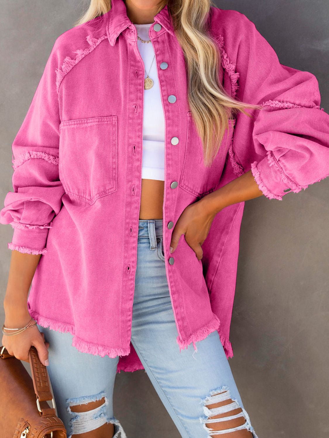 Button Down Raw Hem Denim Jacket - felvior