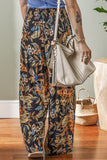 Floral Shirred High Waist Wide Leg Pants with Tie