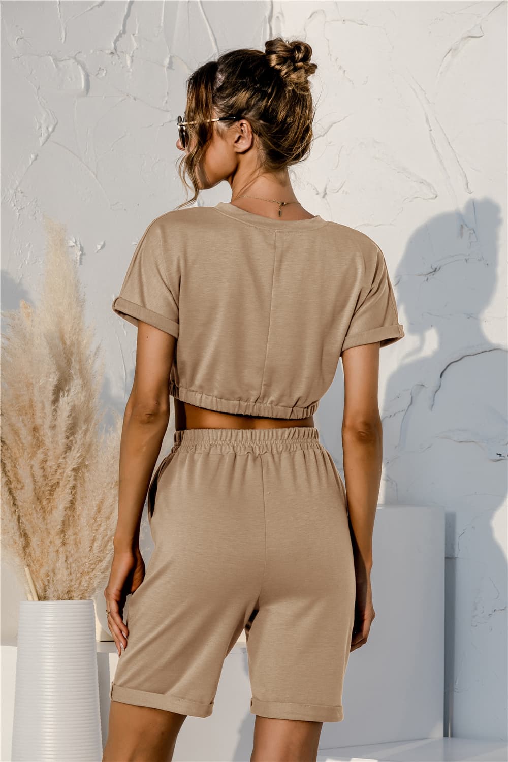 Short Sleeve Cropped Top and Drawstring Shorts Lounge Set - felvior