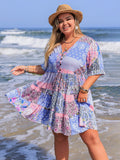 Plus Size Printed V-Neck Tiered Mini Dress