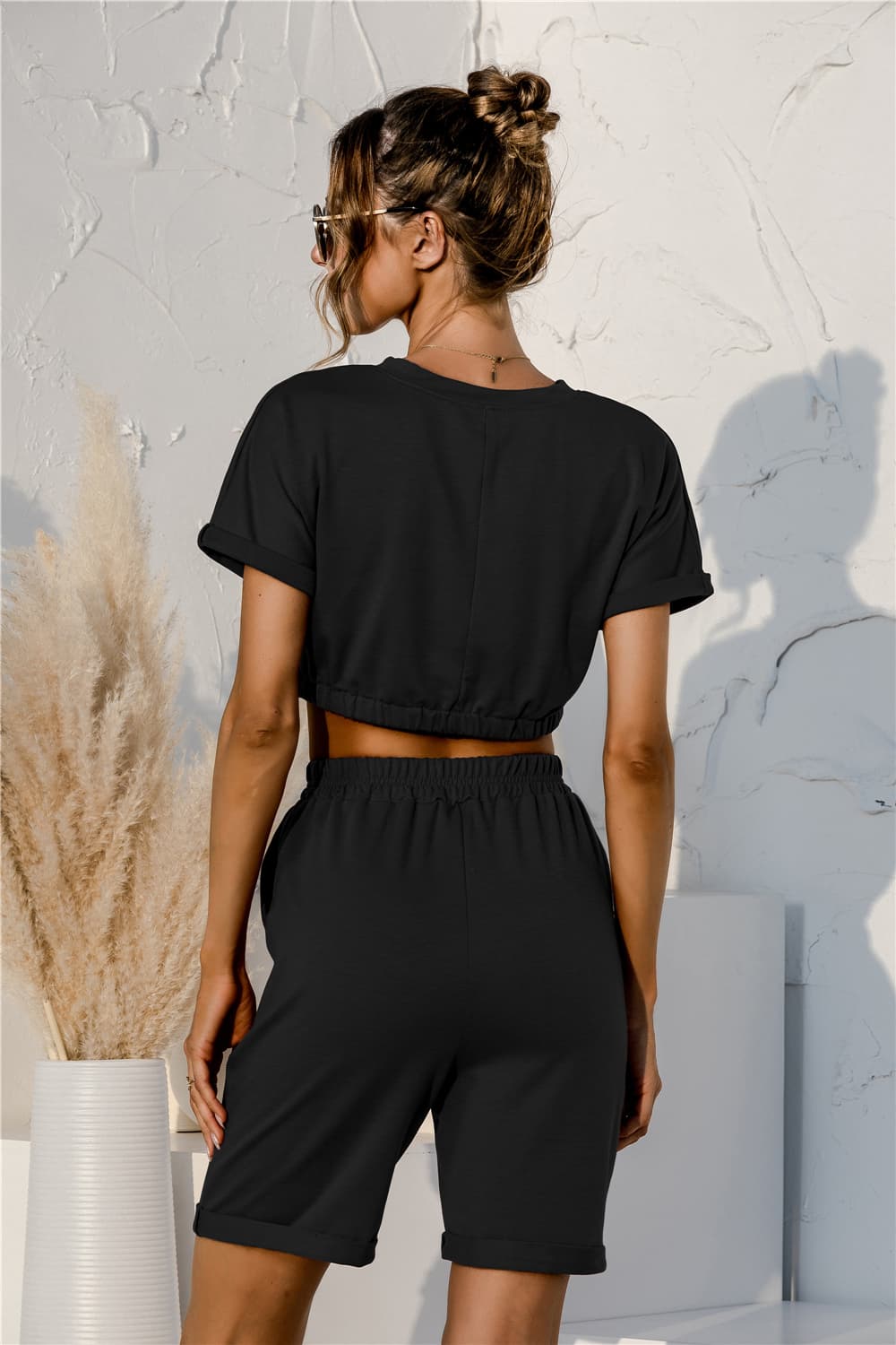 Short Sleeve Cropped Top and Drawstring Shorts Lounge Set - felvior