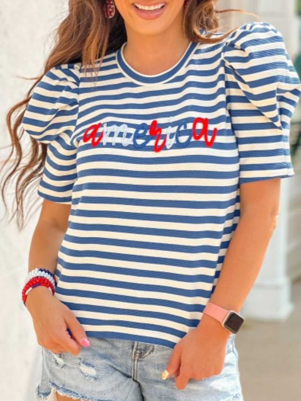 AMERICA Striped Round Neck Puff Sleeve Top