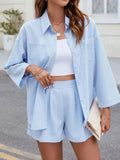 Button Up Long Sleeve Top and Shorts Set