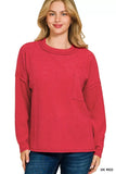 Zenana Ribbed Brushed Melange Hacci Sweater with Chest Pocket