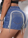 Fringe Back Denim Shorts with Pockets
