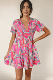 Multicolored Tie Neck Short Sleeve Tiered Dress