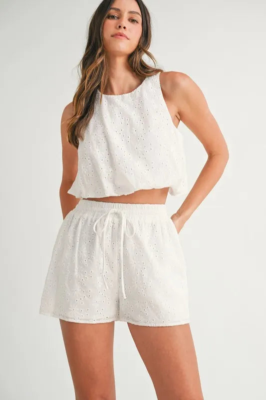 MABLE Eyelet Bubble Hem Sleeveless Top and Shorts Set